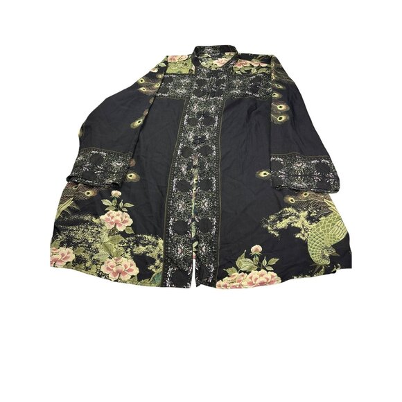 Citron Santa Monica Floral Peacock Bird Print Silk Long Kimono Size 3X - Picture 3 of 11